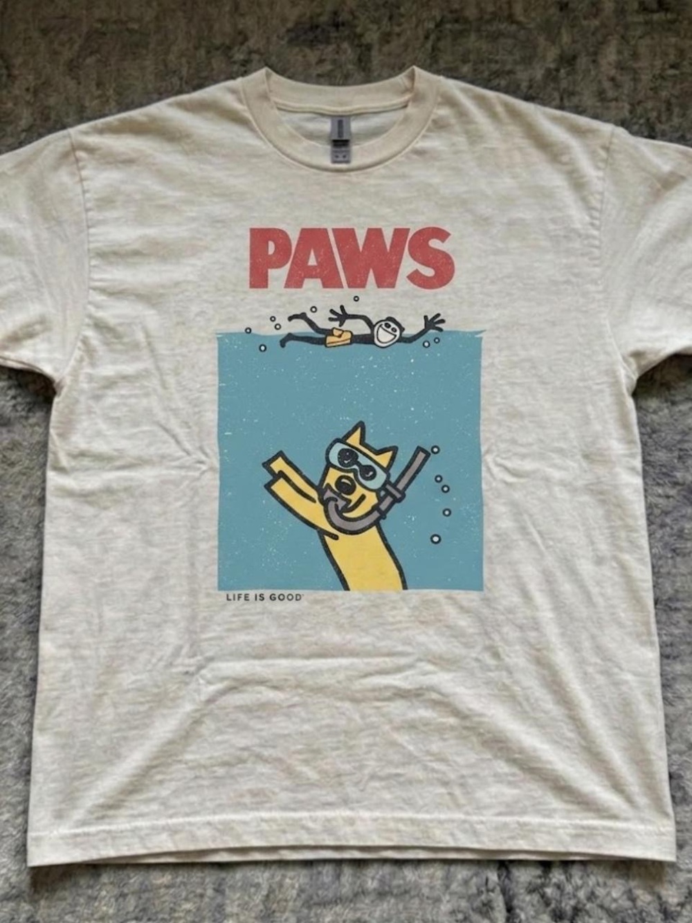 Gildan Cream PAWS Graphic Tee with Blue & Yellow Art